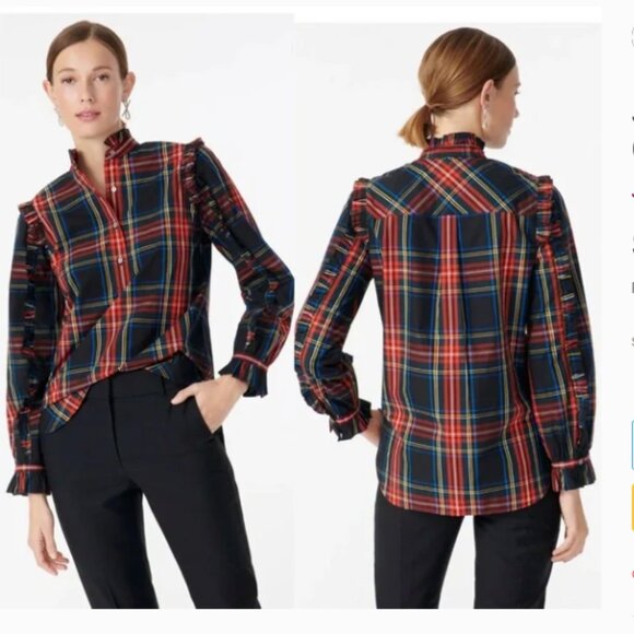 J.Crew plaid ruffle trim long sleeve half button collarless shirts Womens Size S - Picture 1 of 5